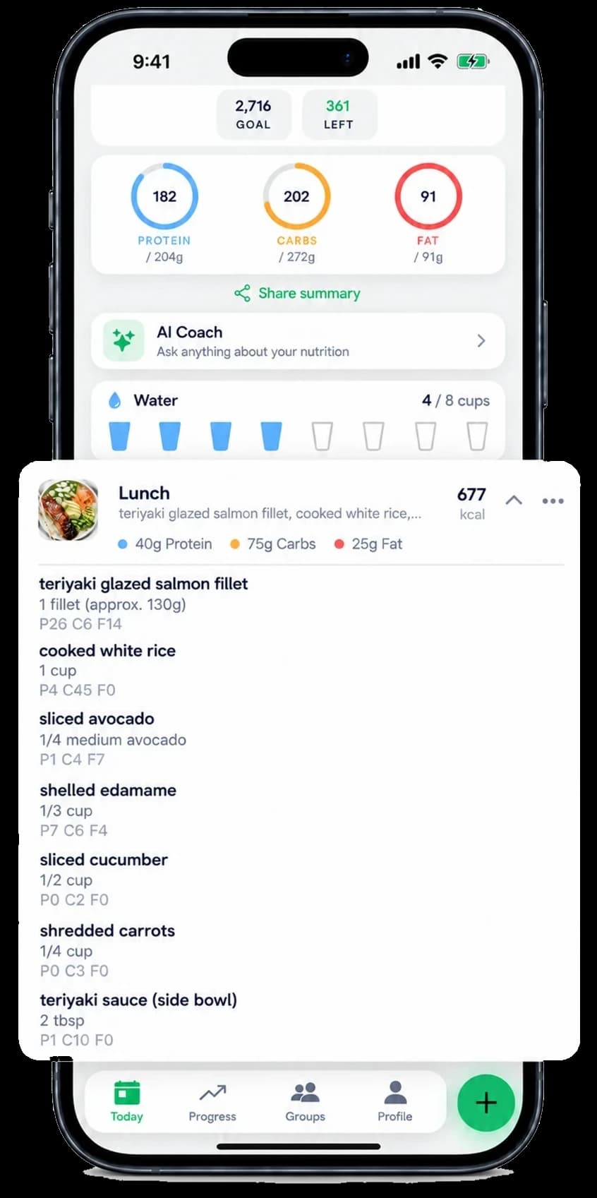 A logged lunch in CalBud AI, broken out item by item with protein, carbs and fat for each
