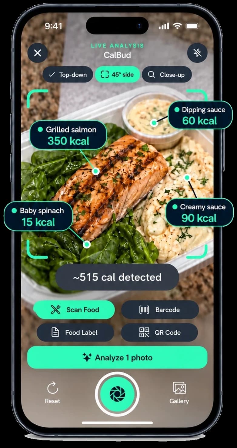 CalBud AI recognising salmon, spinach and sauces from a single photo and totalling the calories