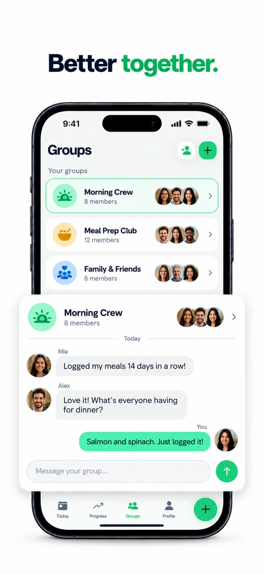 “Better together.” — CalBud AI groups such as Morning Crew and Meal Prep Club, with members sharing what they logged today